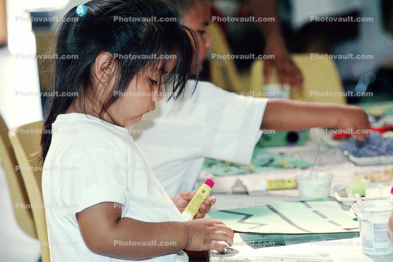 Girl, constructing, concentration, concentrating, classroom