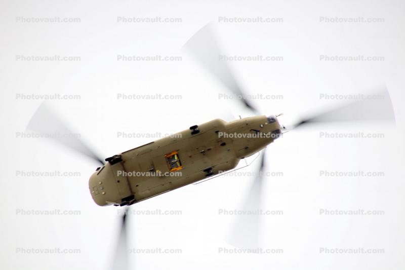 Boeing Vertol CH-47 in flight, spinning rotors
