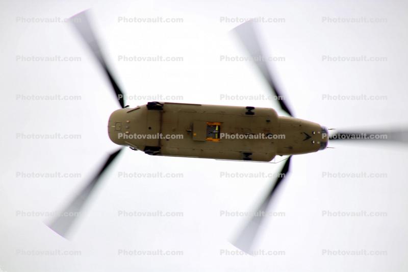 Boeing Vertol CH-47 in flight, spinning rotors