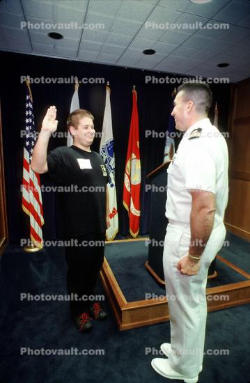 Recruit, Swearing in Room, Flags, Wood Panel