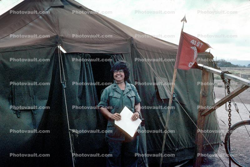 Tent, Woman, Smiles, 41st Cavalry