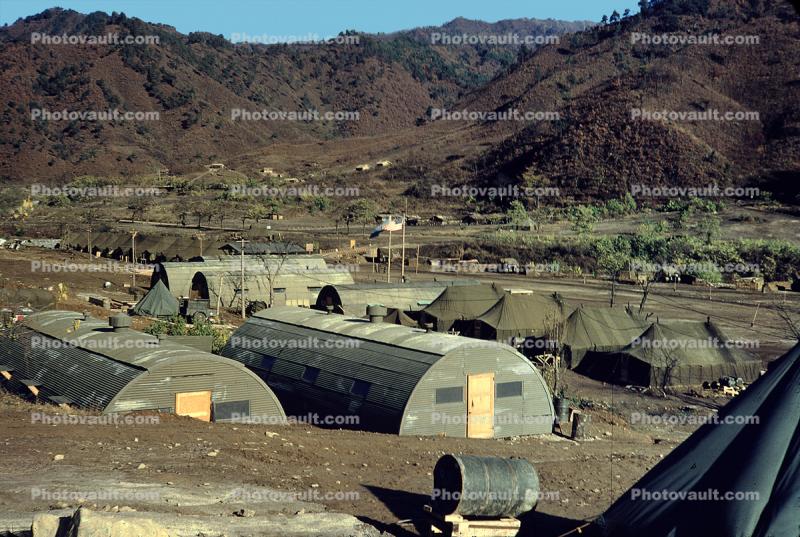 Quonset Huts, Tents, Camp, Hills, Korean War, 1953