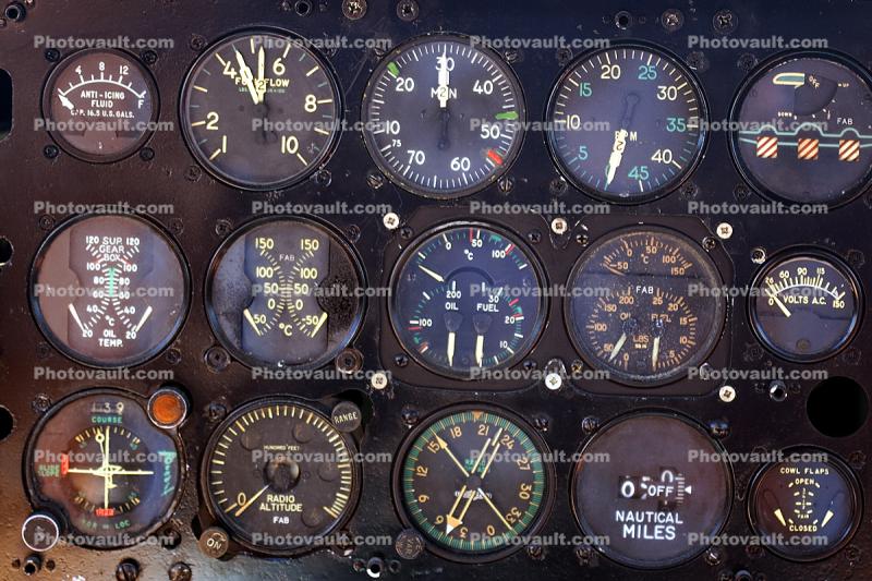 Dials, "steam guages", Grumman U-16 Cockpit, US Coast Guard