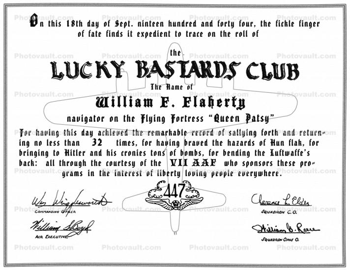 Lucky Bastards Club, Certificate of Valor, diploma, 447 Bomb Group, IVV Air Force