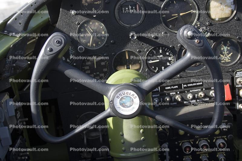 Steering Column, steam gauges, Cockpit, A-26 Invader, #41-39303, Pacific Coast Air Museum, Santa Rosa, California
