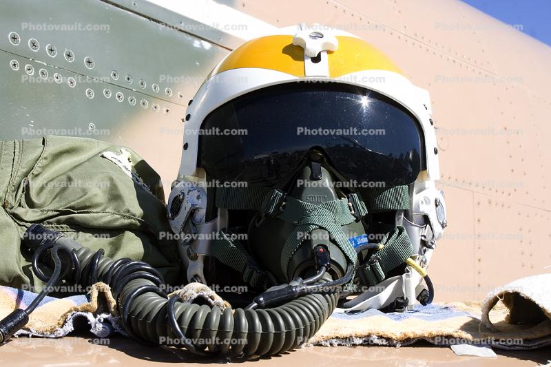 Helmet, goggles, oxygen mask, hose
