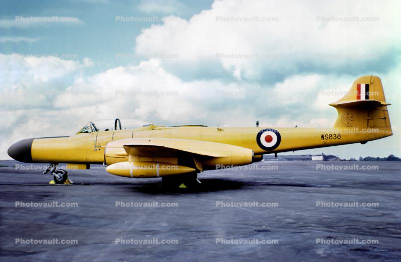 WS838, Gloster Meteor twin engine jet fighter, straight wing, First Operational British Jet Fighter