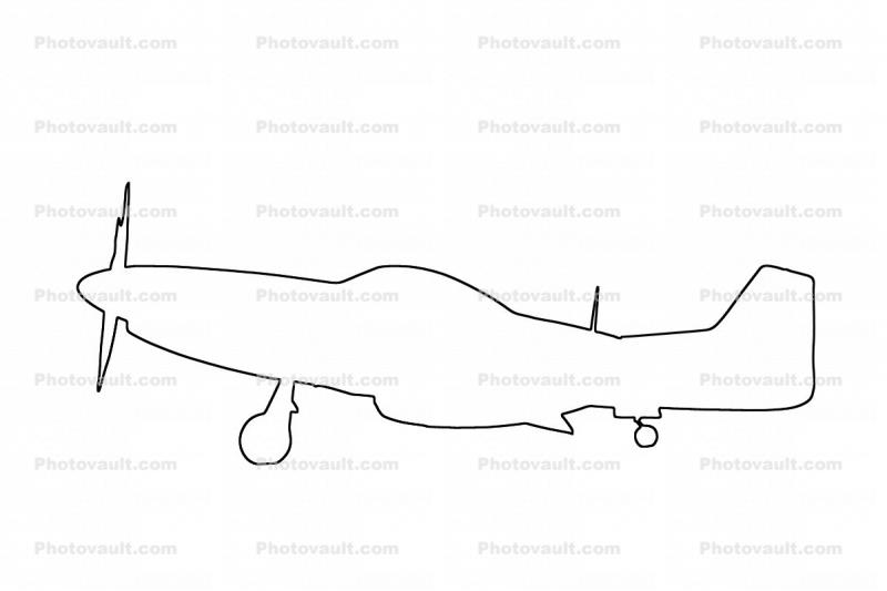 P-51D Mustang outline, line drawing, shape, tailwheel