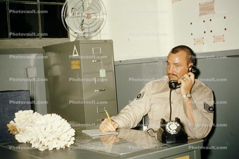 Midway Island NAS, Dial Phone, File Cabinet, Fan, Coral Decoration, Uniform, Mustache, 1950s