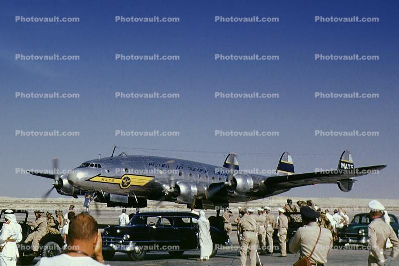 John Foster Dulles arrives at Dhaharan, Saudi Arbia, Lockheed C-121, 1953, 1950s