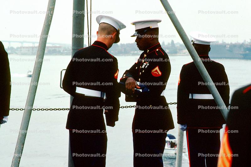 Coming into Port, San Diego, California, Uniform Blues, Marine Detachment for Security on Board the USS Ranger, Color Guard