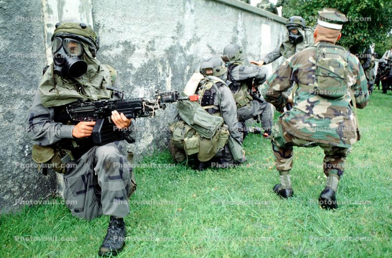 Soldiers with Rifles, Gas mask, Chemical Warfare, urban warfare training, Operation Kernel Blitz, Monterey