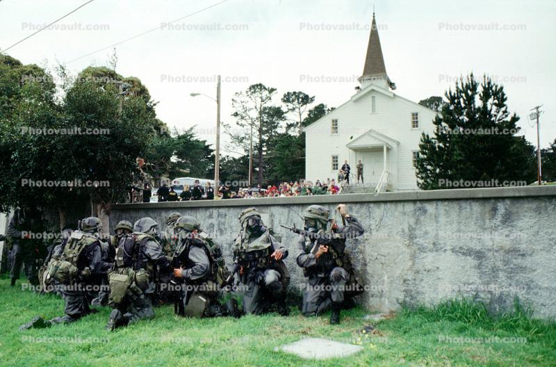 Soldiers with Rifles, Church building, Gas mask, Chemical Warfare, urban warfare training, Operation Kernel Blitz, Monterey