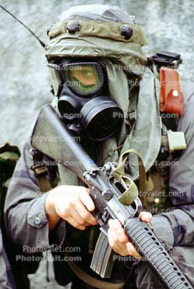 camouflage, gas mask, chemical warfare, biological, Operation Kernel Blitz, M16 Rifle, Monterey, urban warfare training