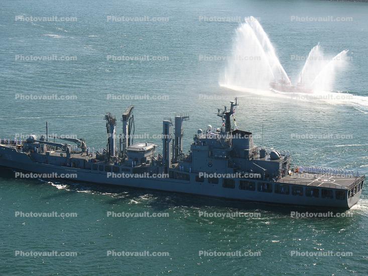 58, Underway Replenishment Ship, cargo, Fireboat spraying water