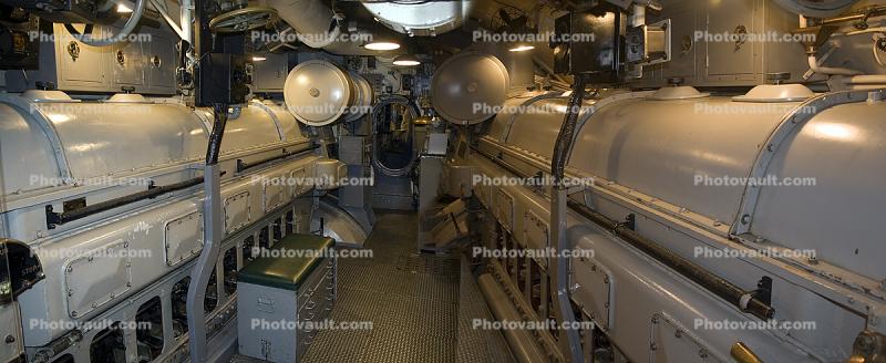 Engines Room, Diesel-Electric, USS Pampanito (SS-383), Balao class Submarine, WW2, WWII, United States Navy, USN, Panorama 