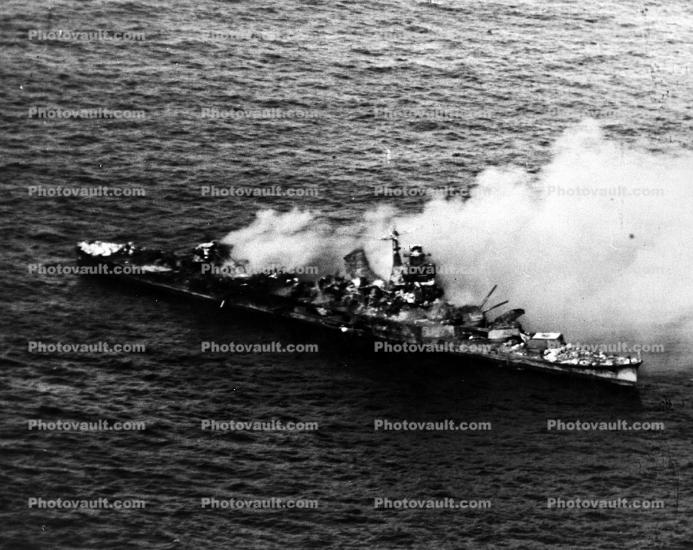 Burning Japanese heavy cruiser Mikuma, Battle of Midway, June 1942, WW2