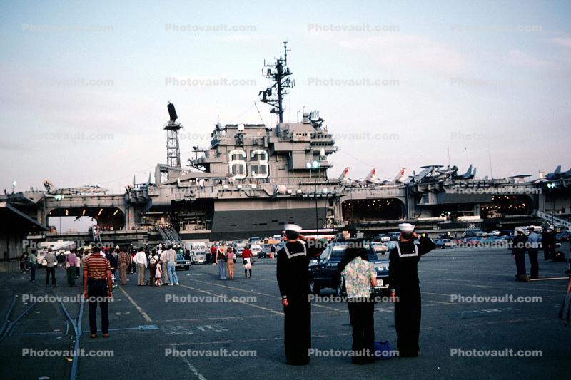 Saluting the Colors, USS Kitty Hawk (CV-63), USN, United States Navy