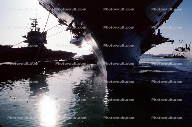 Bow of USS Enterprise (CVN-65), head-on,Alameda NAS, 4 March 1984
