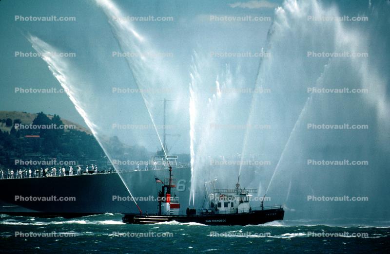 Fireboat Phoenix welcoming the USS Missouri, Spraying Water