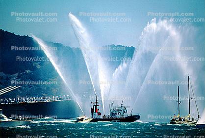 Fireboat Phoenix welcoming the USS Missouri BB-63, Spraying Water