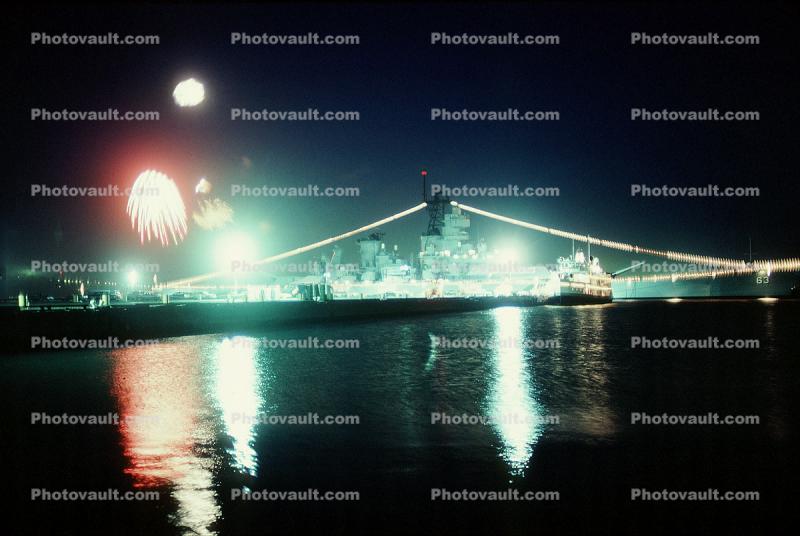 Fireworks over the USS Missouri, USN, United States Navy, BB-63