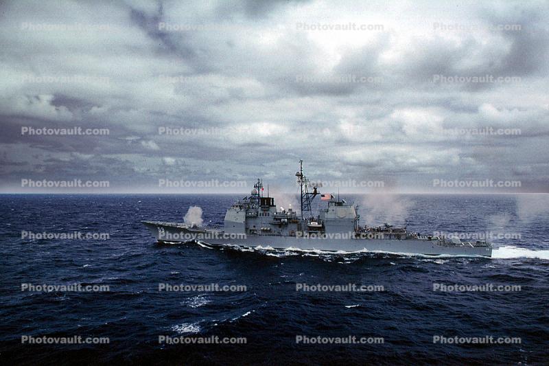 Firing all its guns, USS Princeton (CG-59), Guided Missile Cruiser, USN