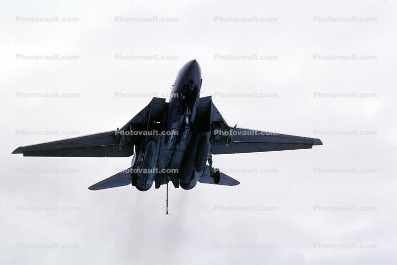 Grumman F-14 Tomcat with tailhook, landing, smoke