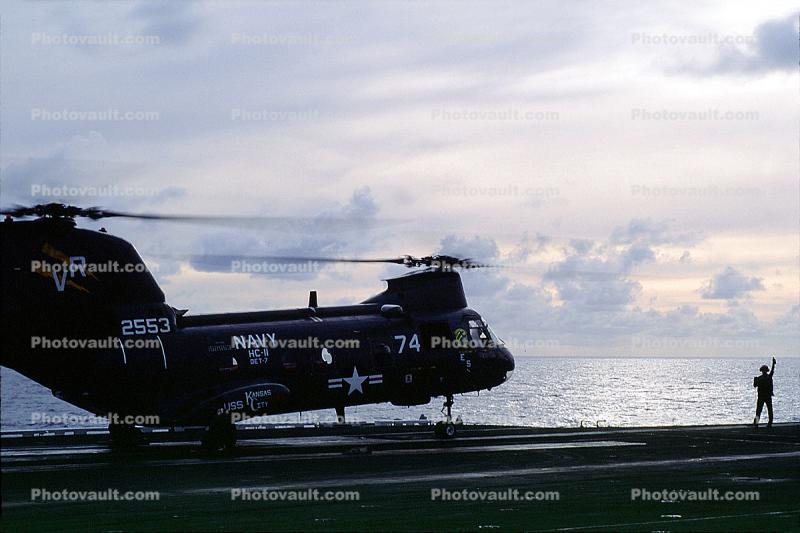 Boeing CH-46 Sea Knight 74, HC-11, DET-7, 2553, from the USS Kansas City (AOR-3), USN, United States Navy
