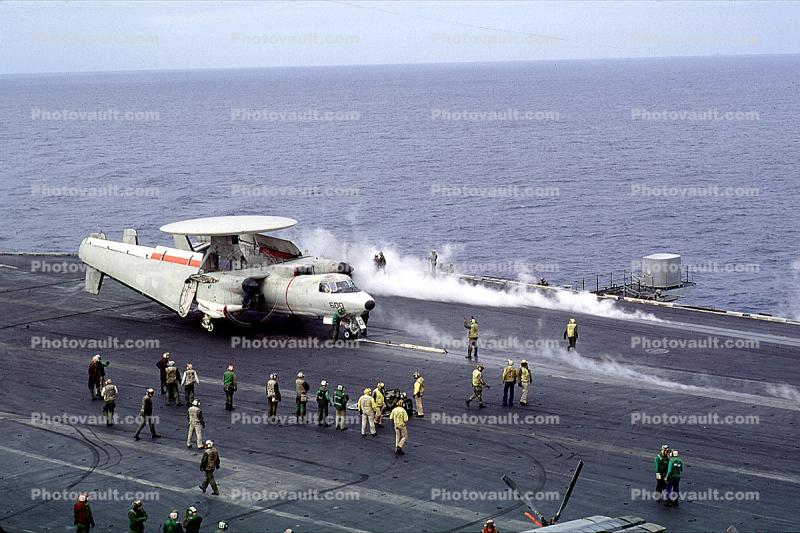 Grumman E-2C Hawkeye, NE-600, VAW-116 "Sun Kings", USS Ranger (CVA-61), steam, wings folded, preparing for take-off