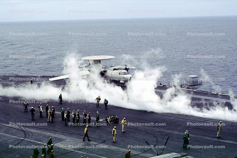 Grumman E-2C Hawkeye, NE-600, VAW-116 "Sun Kings", USS Ranger (CVA-61), steam, wings unfolding, preparing for take-off