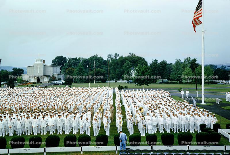 Men, Graduation, White Suits, standing in attention, 1950s