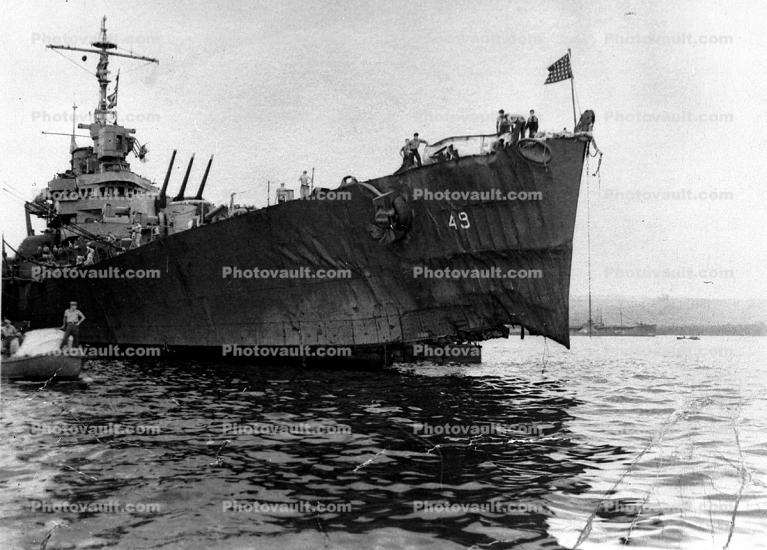Battleship, Damage, Bow, World War-II, WW2, WWII, 1950s