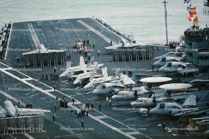 Jet Fighters preparing for launch, USS Constellation, CV-64