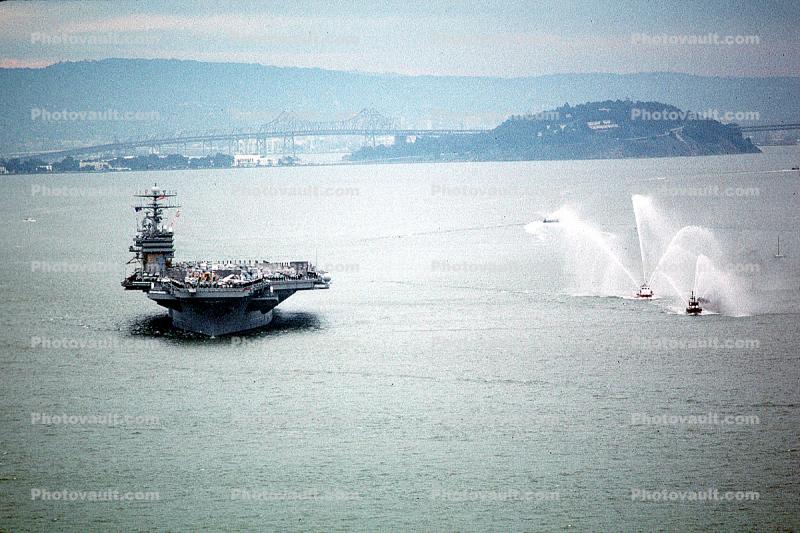 USS Carl Vinson, CVN-70, water spraying fireboats