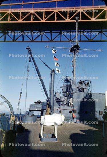 Teak Deck, crane, flags, mast, 1940s