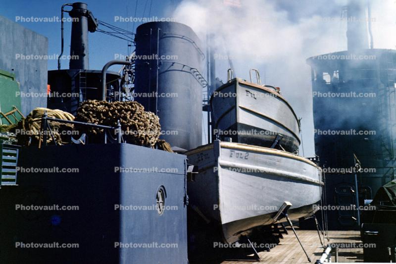 Lifeboats, smoke, smokestack, 1940s