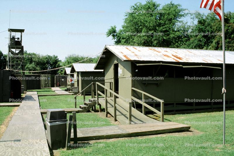 Barracks, watchtower, Vietnam War era, Village recreation, compound