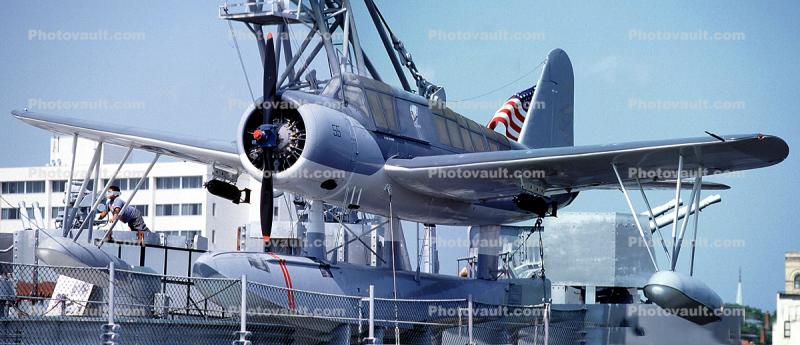 Vought OS2U-3 Kingfisher floatplane, USS North Carolina (BB-55) Battleship, Panorama, Cape Fear River, Riverfront, Wilmington, North Carolina