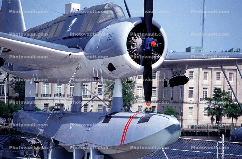 Vought OS2U-3 Kingfisher floatplane, USS North Carolina (BB-55) Battleship, Cape Fear River, Riverfront, Wilmington, North Carolina