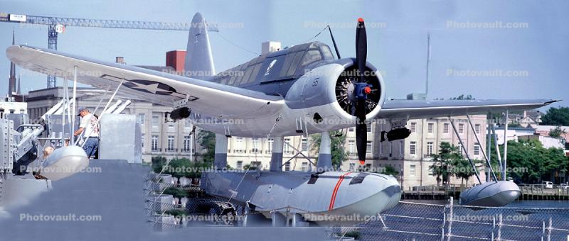 Vought OS2U-3 Kingfisher floatplane, USS North Carolina (BB-55) Battleship, Panorama, Cape Fear River, Riverfront, Wilmington, North Carolina