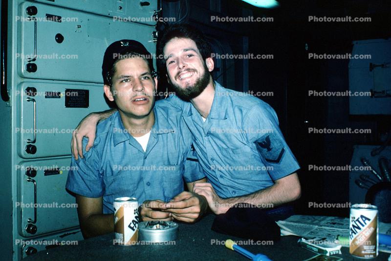 Friend sailors onboard ship, fanta, soft drink, funny, October 1976