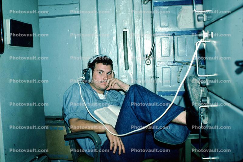 sailors onboard ship, headphone, October 1976