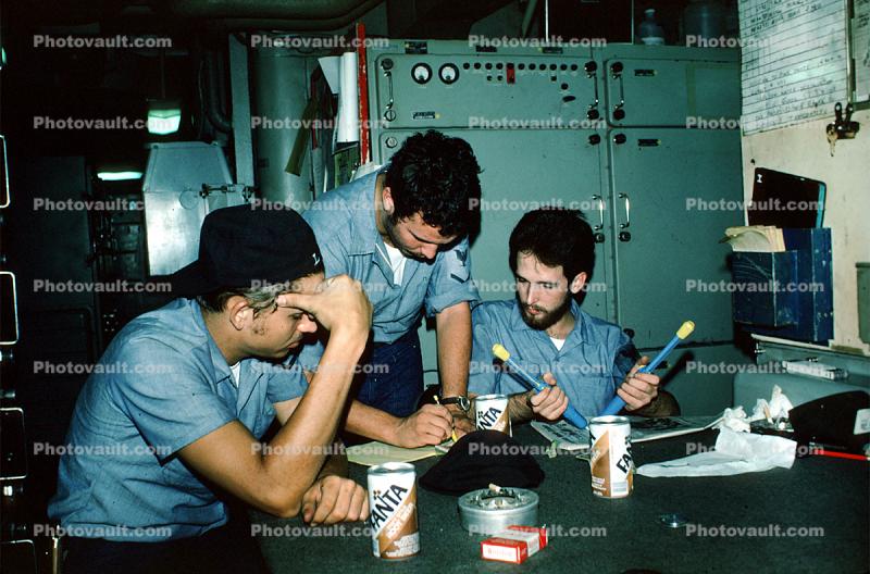 sailors onboard ship, fanta soft drinks, ashtray, drawing, writing, October 1976