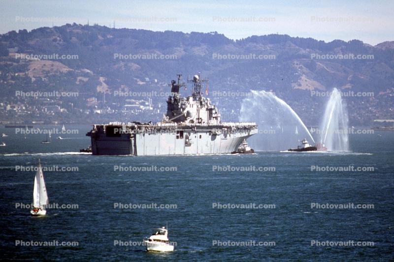 USS Wasp (LHD-1), Amphibious Assault Ship, fireboat spraying water