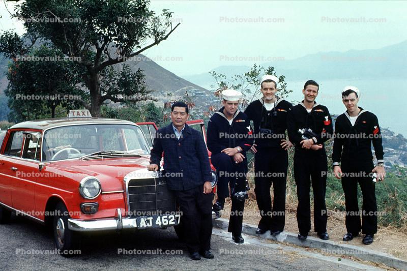 Sailors, Taxi, Mercedes Benz, car, Hong Kong, 1968, 1960s