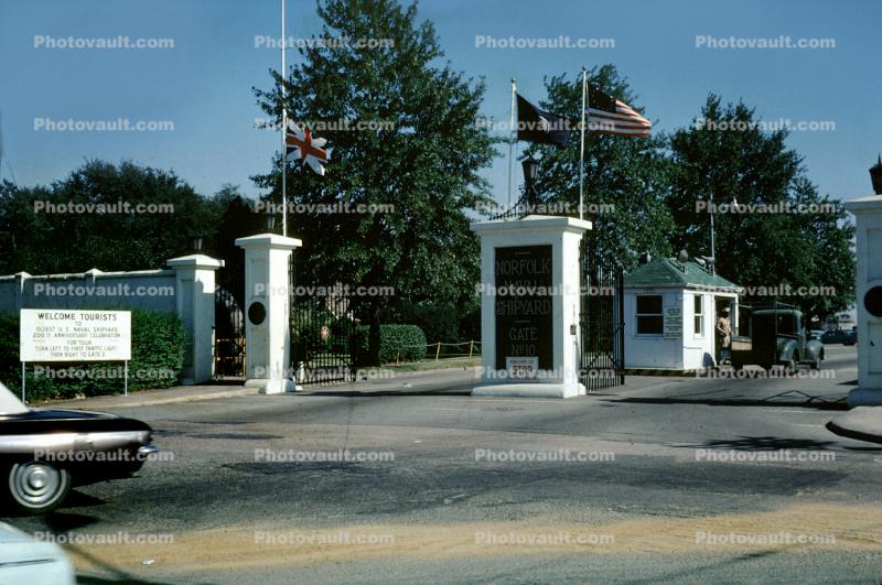 Norfolk Naval Shipyard Entrance Gate, guardhouse, cars, 1950s