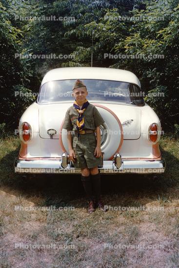 Boy Scout, uniform, Nash Rambler, car, 1950s