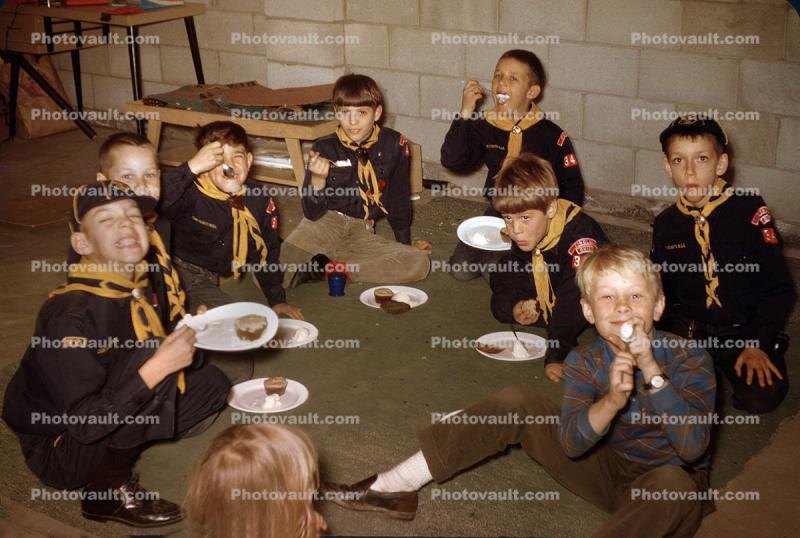 Cub Scouts eating cuocakes, Basement, Goys, 1950s