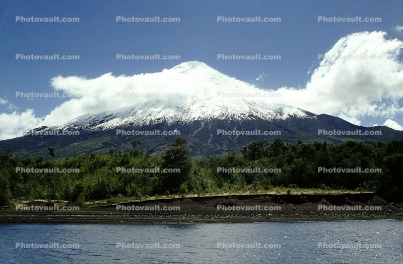 Volcanic Peak, Snow, Clouds, Forest, Volcano